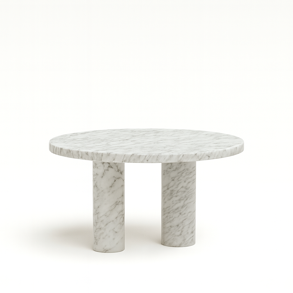 Beyaz gri damarlı yuvarlak doğal mermer yan sehpa – minimalist çift silindirik ayak tasarımıyla modern dekor