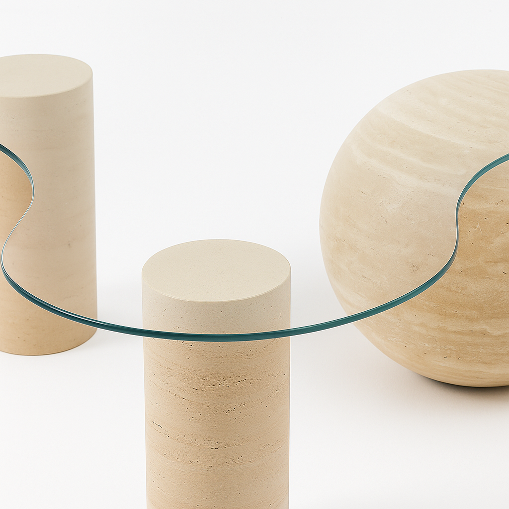 Organik formda cam tabla ve traverten taş ayaklara sahip heykelsi orta sehpa – modern ve sanatsal tasarım mobilya