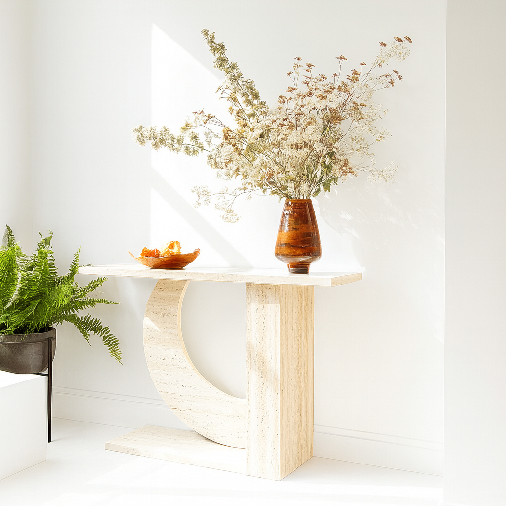 Yarım daire ve dikdörtgen formda ayaklara sahip, açık bej travertenden üretilmiş zarif konsol sehpa. Heykelsi formu ve doğal taşın dokusu ile yaşam alanlarına sofistike bir hava katar.