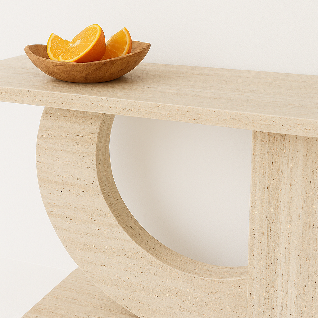 Yarım daire ve dikdörtgen formda ayaklara sahip, açık bej travertenden üretilmiş zarif konsol sehpa. Heykelsi formu ve doğal taşın dokusu ile yaşam alanlarına sofistike bir hava katar.